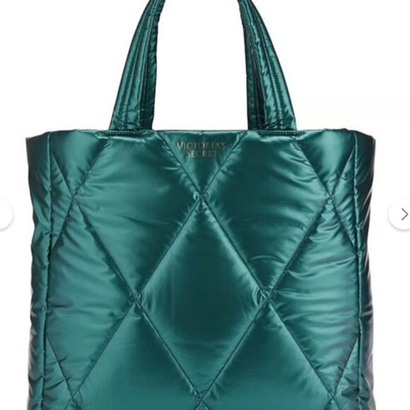 Victoria's Secret Puffer Tote Metallic Teal Green Bag - Picture 3 of 9